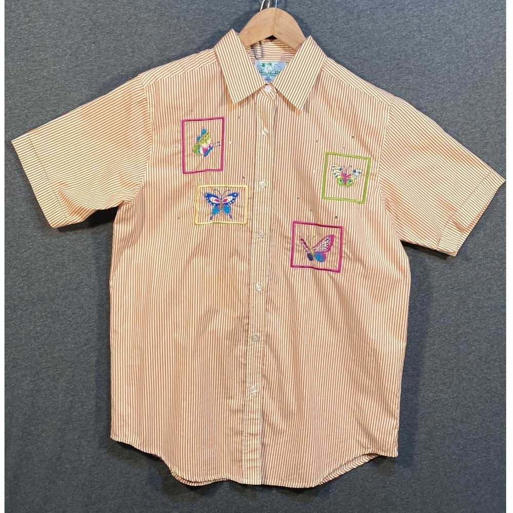 The‎ Quacker Factory Orange Stripe Butterfly Button Up Shirt Women's Small